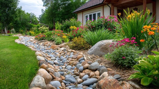 Beautiful backyard landscaping featuring a dry creek bed made of river rocks and colorful flower beds