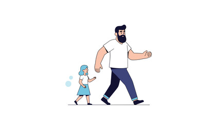 Obraz premium Loving father and his young daughter walking together hand in hand against a clean white background to represent family and parenthood.