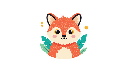 Obraz premium Cute and adorable little fox face illustration surrounded by green tropical leaves and yellow bubbles against a plain white background.