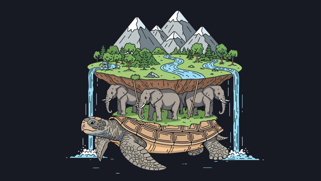 Mythological world turtle carrying three elephants on its shell who support a flat earth landscape with mountains and rivers.