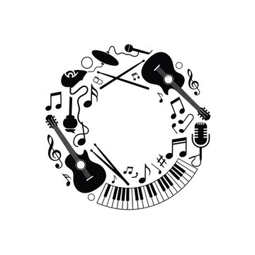 Illustration featuring a variety of musical instruments arranged in a circular pattern.