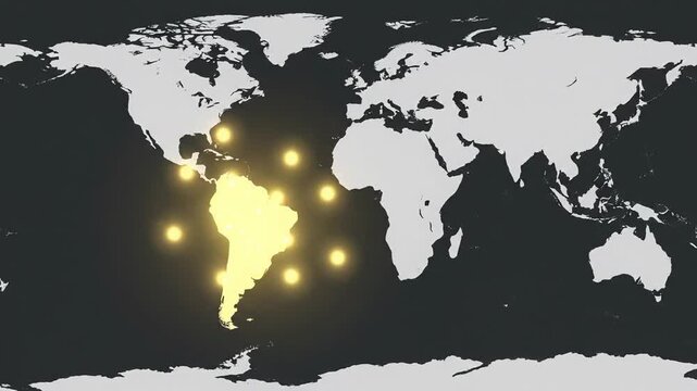 Global map infographic highlighting the continent of south america. Animated sequence showing network connections for business, technology or geopolitical analysis