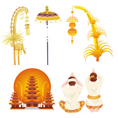 Balinese Cultural Heritage Icon Set with Penjor Tedung Meru and People Praying