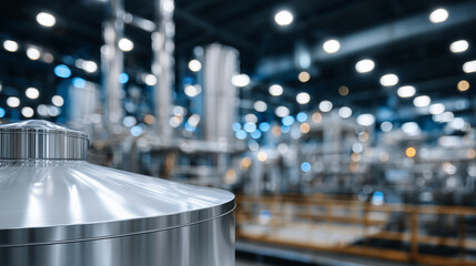 Naklejka premium Industrial dairy processing facility with defocused automated equipment, stainless steel pipes and tanks, food manufacturing systems in operation, sterile production infrastructure