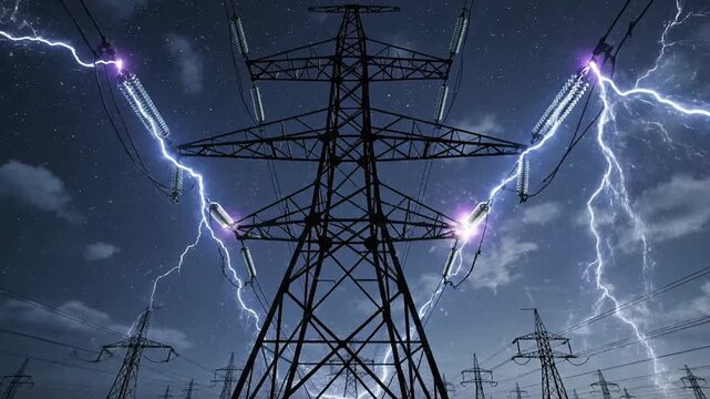Electric power transmission tower at night with lightning strikes and glowing insulators