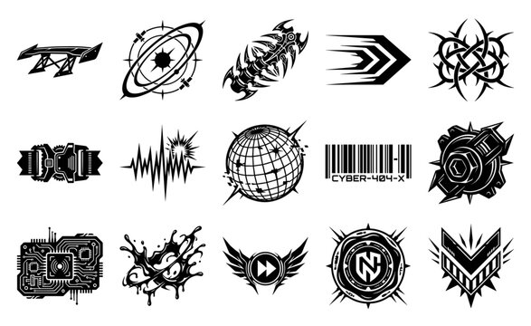 Cyberpunk Neo-Tribal Futuristic Graphic Element Kit for Y2K Streetwear and Techwear Branding