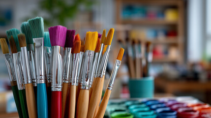 Fototapeta premium Paintbrushes standing upright in artistic display at stationery shop, natural and synthetic bristles, defocused background with school and hobby materials, shallow depth of field,