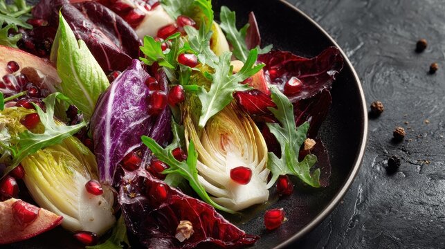 Healthy Salad with Red Chicory, Endive, Arugula and Pomegranate Seeds on a Dark Plate
