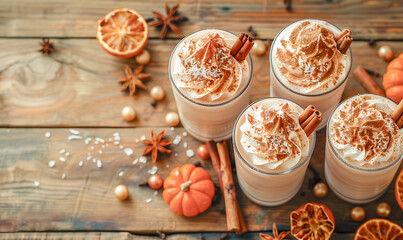 A cozy overhead view of creamy seasonal drinks topped with whipped cream and cinnamon, arranged on a rustic wooden table with pumpkins, spices, and dried citrus for a warm autumn mood.