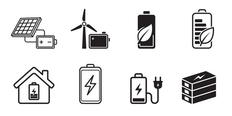 Renewable energy storage icon set. Green power battery, solar panel, wind turbine, and charging accumulator symbols. © Articurve