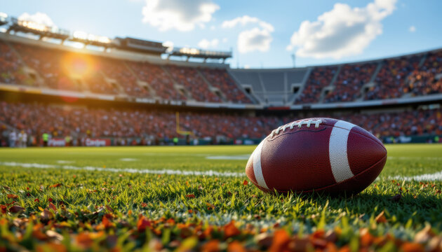 create a realistic image of an american football ball lying on a field with the stands and fans as a backdrop, set during high noon in a luminous style