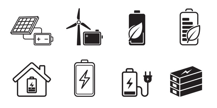 Renewable energy storage icon set. Green power battery, solar panel, wind turbine, and charging accumulator symbols.