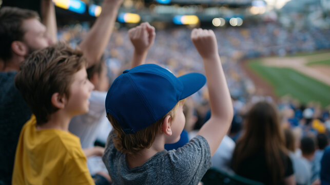 Faceless family cheering during baseball match, children leaning forward excitedly, parents smiling and gesturing, stadium seats and field defocused, warm and engaging recreational