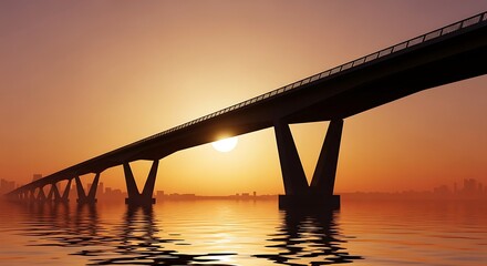 Fototapeta premium Sunset over a long bridge water.