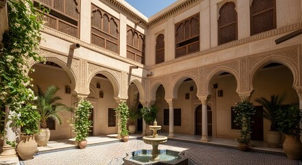 Ornate traditional moroccan riad courtyard features detailed stucco carvings, lush potted greenery, and a central tiered fountain.