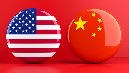 Side-by-Side Circular Buttons Featuring the Flags of the United States and China on Red Background