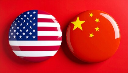 Side-by-Side Circular Buttons Featuring the Flags of the United States and China on Red Background