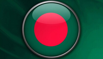 Glossy Circular Button Featuring the National Flag of Bangladesh with Textured Green Background and Red Circle
