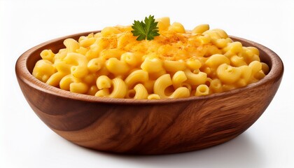 Isolated On White Background Delicious Mac And Cheese In A Wooden Bowl