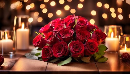 A Romantic Bouquet A Lush Bouquet Of Vibrant Red Roses Blooms On A Table In A Cozy Intimate Setting Softly Illuminated By Warm Fairy Lights Capturing An Atmosphere Of Love And Devotion