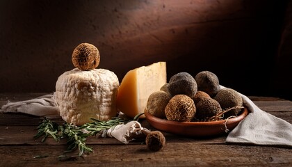 Still Life Image Featuring Rustic Composition Of Artisanal Food Includes Cheese Truffle Like Balls Herbs And Cloth On A Weathered Wooden Table