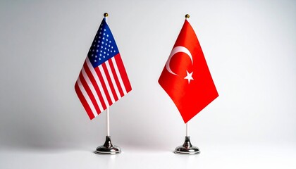 Table Flags of the United States and Turkey on Silver Stands with Gold Finials