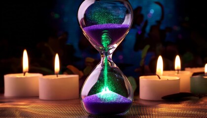 Magical Hourglass Filled With Glowing Purple Sand With Green Swirls Amidst Flickering Candles And Mystical Ambiance