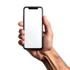 A hand is holding a smart mobile phone with a blank digital touchscreen display for wireless business communication and technology