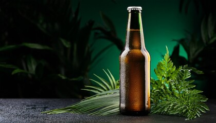 Bottle Of Beer In A Dark Background And Plants