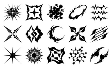 Abstract Neo-Tribal Y2K Aesthetic Graphic Element Kit for Cyberpunk Streetwear and Grunge Branding