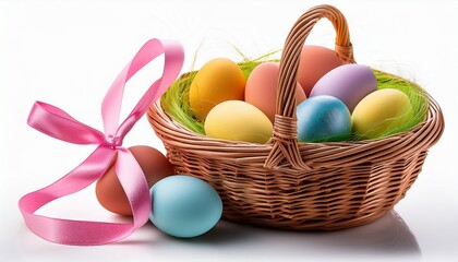 Easter Basket With Colorful Eggs And Pink Ribbon Isolated On Transparent Background