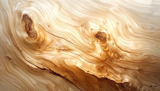 Close-up of polished, light-brown wood surface. Swirling grain, knots, and variations create a textured, organic pattern with subtle highlights