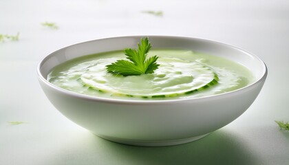 A Pristine White Ceramic Bowl Filled With Creamy Pale Green Cucumber Soup