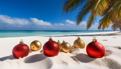 Red And Gold Christmas Baubles Resting In White Sand Surrounded By Palm Trees Creating A Festive Tropical Holiday Atmosphere With Copy Space