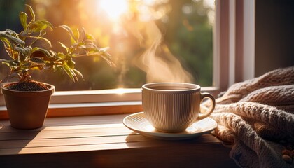 Warm Cup Of Coffee Steaming On A Sunlit Windowsill With A Cozy Decor Accent