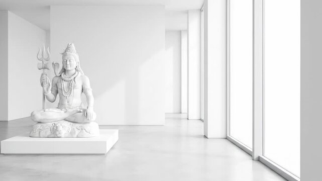 Serene white shiva statue meditating, holding a trident, displayed on a pedestal in a bright, minimalist modern gallery.