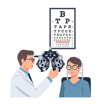 Optometrist examining patient with phoropter and eye chart, vision test