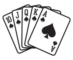 Spade royal straight flush poker hand, vector icon, casino, poker game, gambling, cards, online gaming, apps, flat design