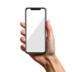 A hand is holding a smart mobile phone with a blank digital touchscreen display for wireless business communication and technology