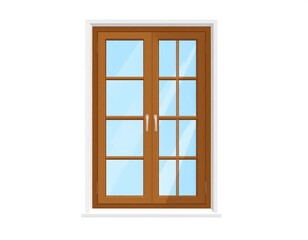Obraz premium Cartoon-style illustration of a double-pane window with a light brown wooden frame and glass panes reflecting a blue sky