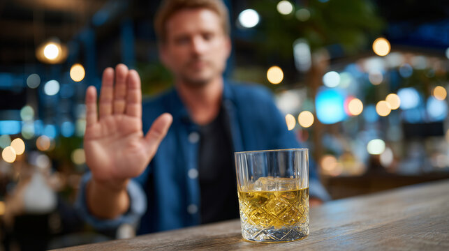 Faceless man rejecting alcohol in social setting, hand gesture clear and firm, friend&acirc;s drink blurred in foreground, decision for sobriety, lifestyle responsibility, defocused envi