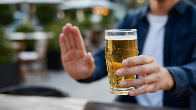 Close-up of faceless man saying no to alcohol, hands open in refusal, friend offering drink, healthy choice concept, lifestyle responsibility, soft defocused background