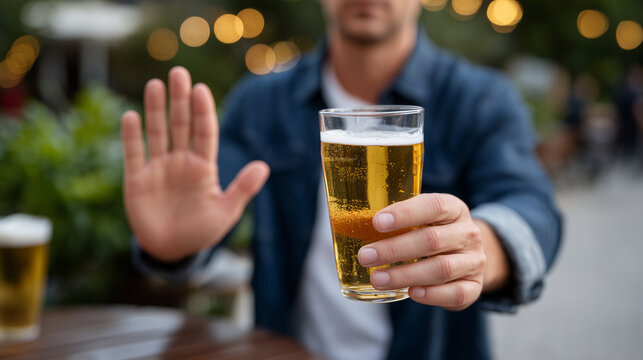 Close-up of faceless man saying no to alcohol, hands open in refusal, friend offering drink, healthy choice concept, lifestyle responsibility, soft defocused background