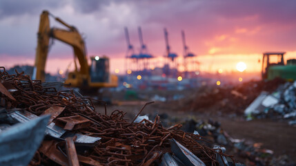 Scrap metal pile in outdoor recycling yard, sunset casting warm red glow, defocused industrial machinery and facility, environmental awareness and sustainability operation