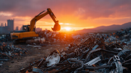 Heap of rusty metal components at junkyard, glowing sunset sky with orange and crimson tones, defocused recycling facility and machinery, sustainable waste operations concept