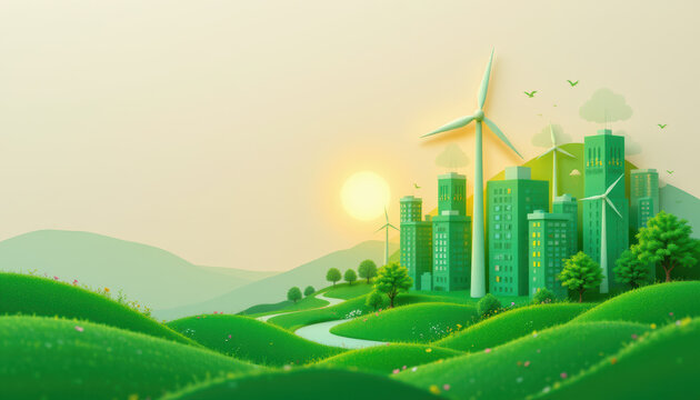 create a image of a sustainable eco city concept featuring green buildings and wind turbines in paper cut style, with the subject on the right and copy space on the left