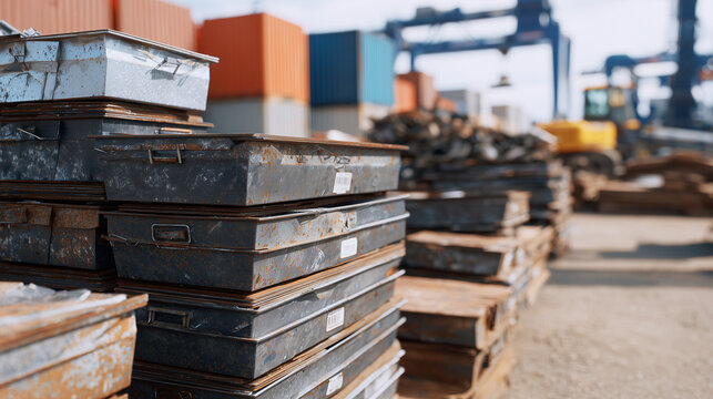 Close-up of stacked metal containers of varying heights for sorting scrap metals, industrial recycling yard, defocused background, material recovery and waste processing concept