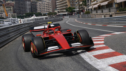 Obraz premium Red Formula One car on the city street circuit, red and white curb beside barriers, low angle, fast racing vehicle