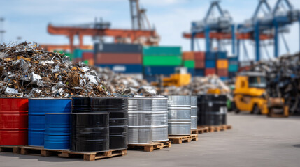 Close-up of stacked metal containers of varying heights for sorting scrap metals, industrial recycling yard, defocused background, material recovery and waste processing concept