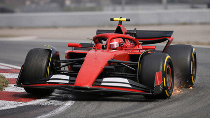 Red Formula race car on the paved circuit, blur motion, wide slick tires and sparks, high speed,  low front angle